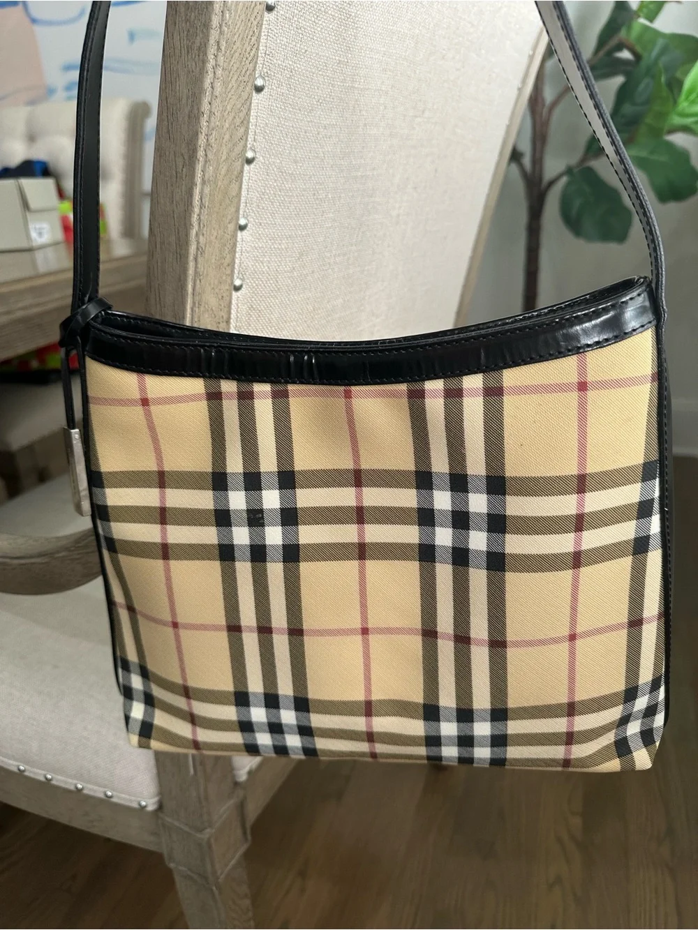 Vintage Burberry Beige Plaid Shoulder Bag with Black Trim